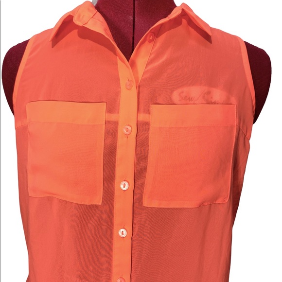 Nanette Lepore 90s y2k Neon Orange Cutout Draped Sheer Sleeveless Button Up Top - Picture 5 of 9